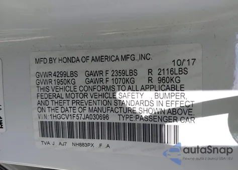 2018 Honda Accord Ex-L из США, поврежденный, VIN 1HGCV1F57JA030696